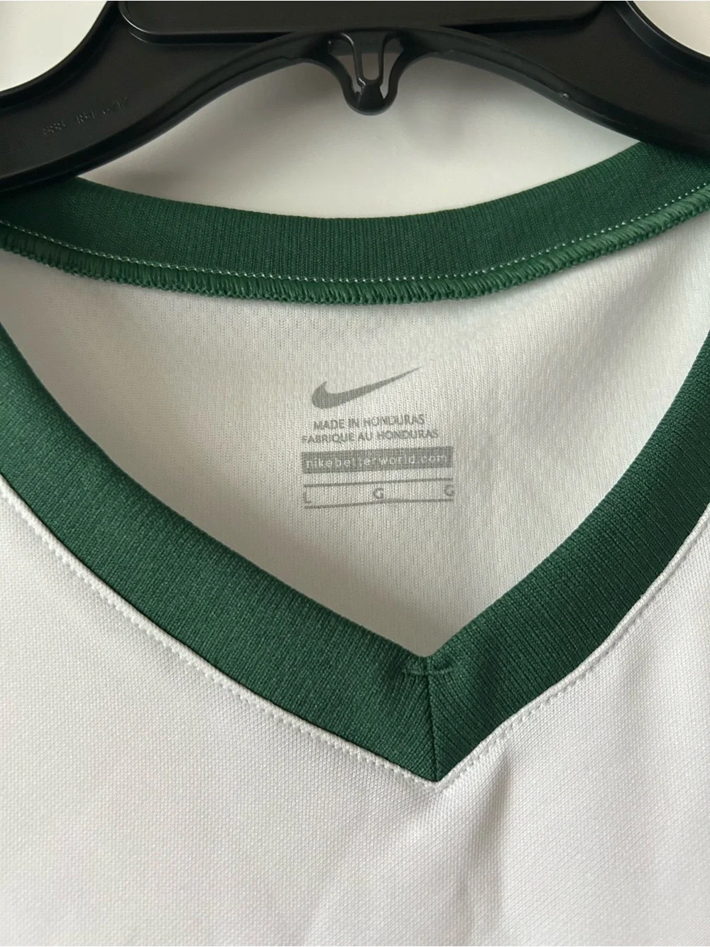 Nike White V-Neck Basketball Jersey with Green Trim